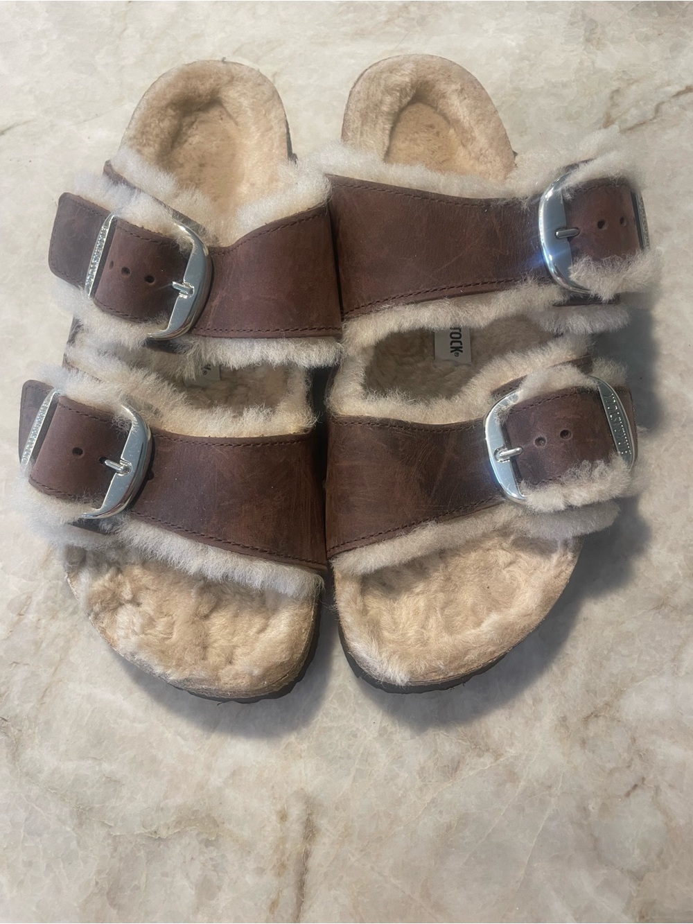 Birkenstock Brown Arizon Shearling-Trim Two-Buckle Clog Sandals NWOT
